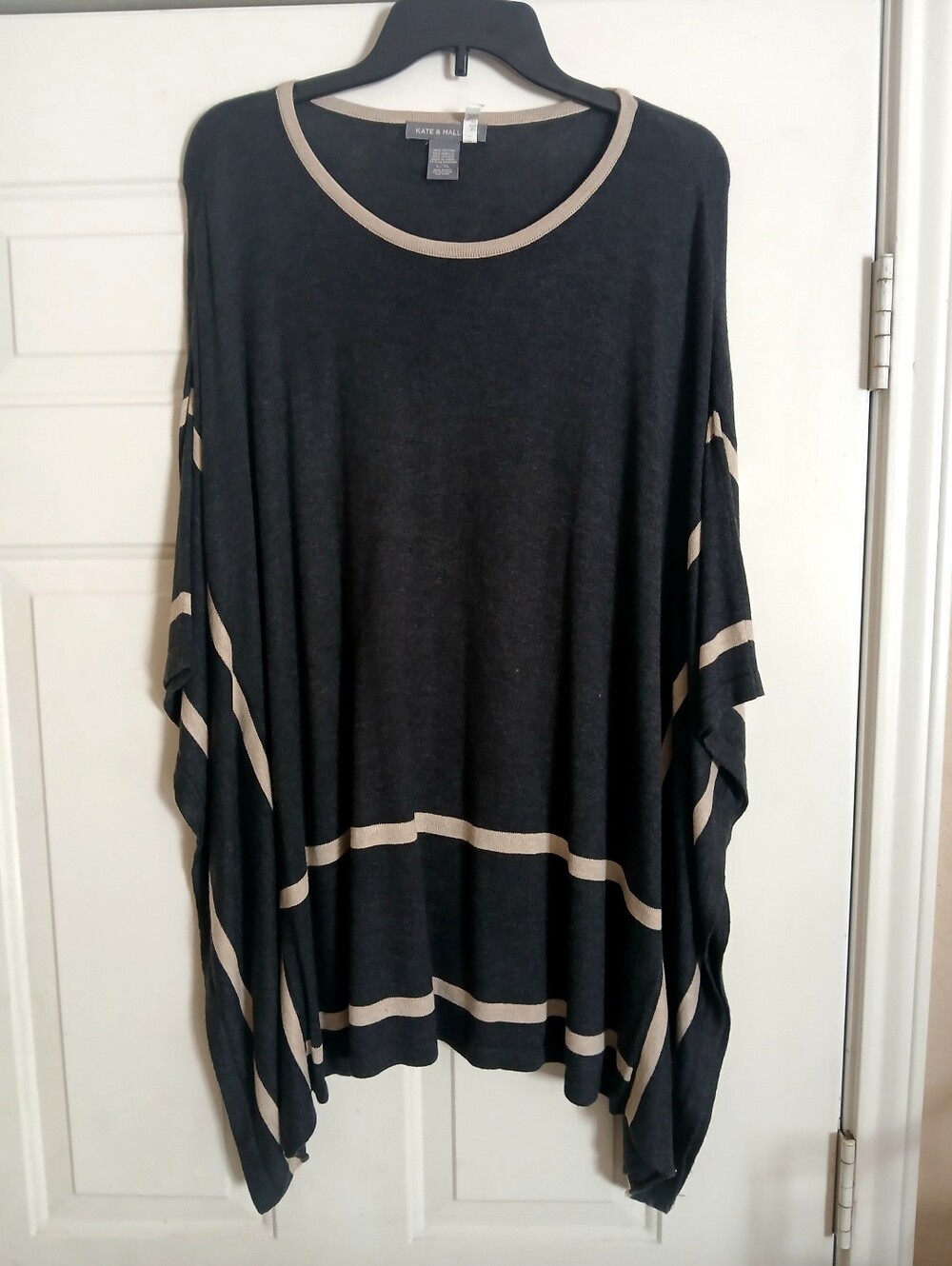 Knit Stripe-Trim Ponco Sweater- Charcoal & Pale Pink